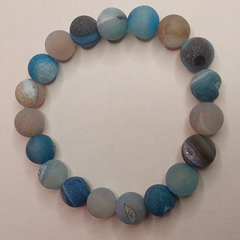 Dyed blue banded druzy agate stone 10mm round bead bracelet #2